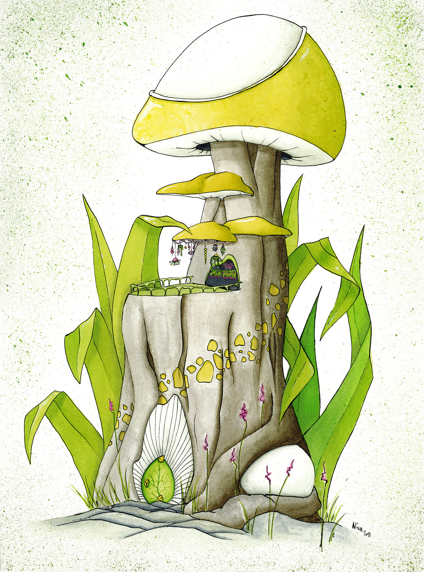 Maison champignon en aquarelle