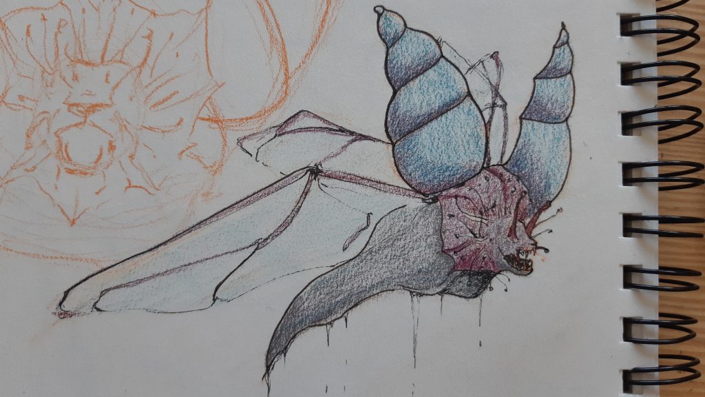 dessin d'une chimère composée d'un corps d'escargot, d'ailes de coléoptère à tête de lion